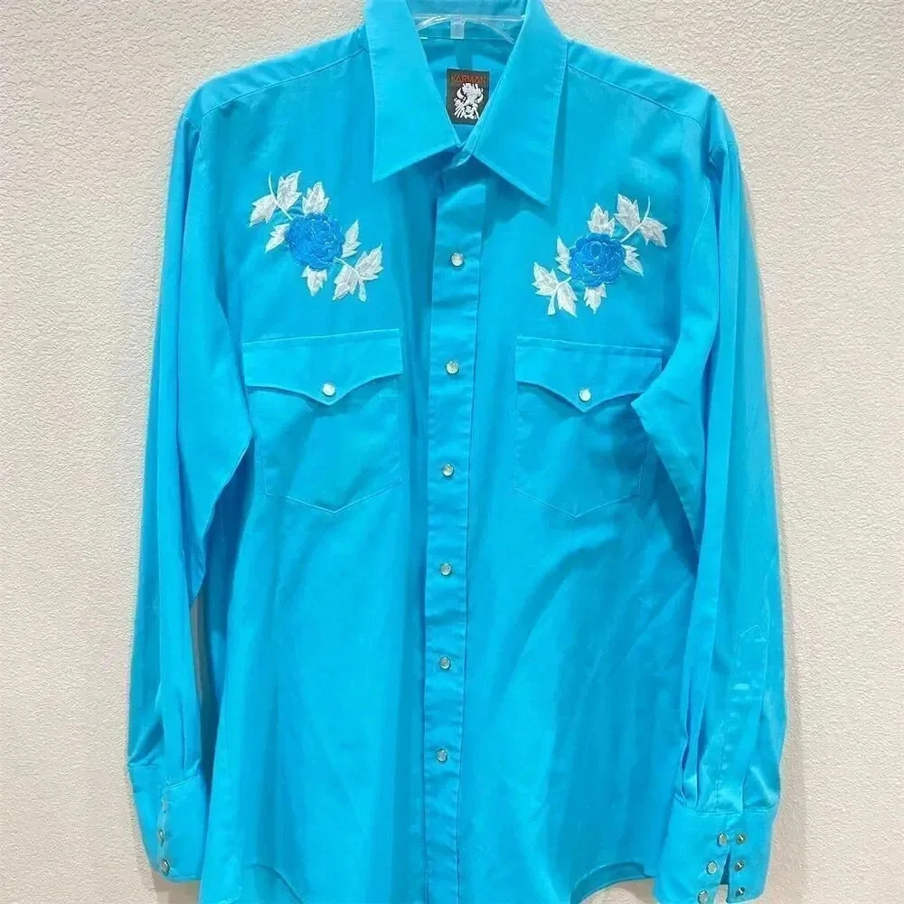 Vintage Karman Western Snap Shirt Embroidered Roses men’s Long Sleeve Turquoise